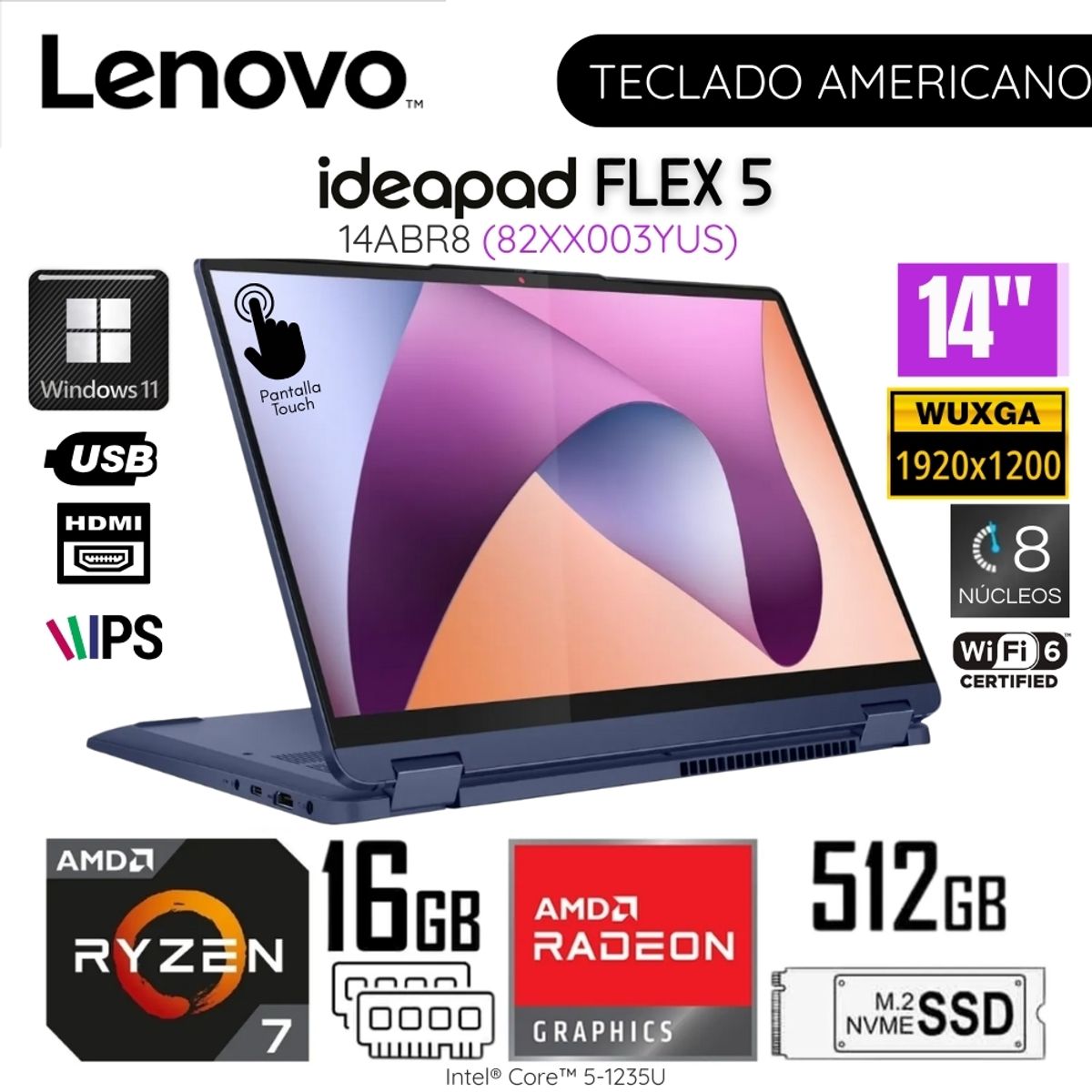 LENOVO - Laptop Lenovo Ideapad Flex 5 AMD Ryzen 7 7730U 16GB RAM 512GB SSD 14" WUXGA IPS - 82XX003YUS