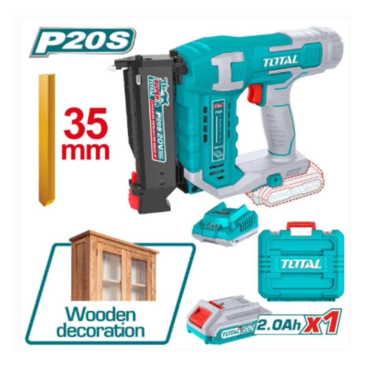 TOTAL TOOLS - Clavadora de Pared 20v + 140 PIN + Bateria y Cargador 2.0AH-TCBNLI3606