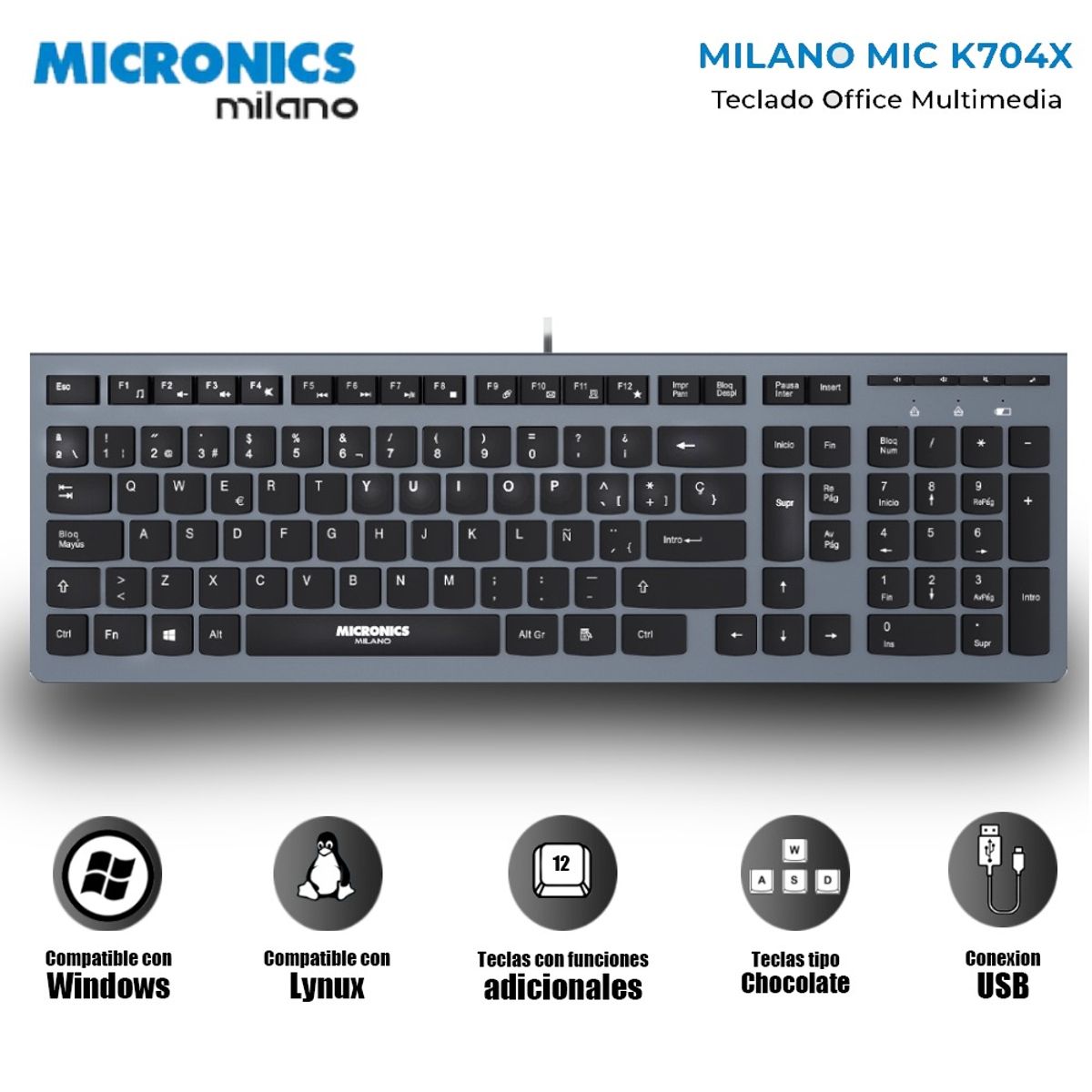 MICRONICS - MILANO MIC K704 TECLADO MULTIMED IA USB TCHOCOLATE