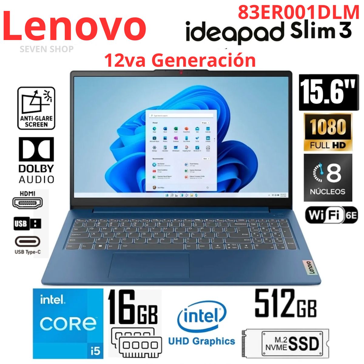 LENOVO - Laptop Lenovo IdeaPad Slim 3 Intel Core i5 12°Gen16GB RAM 512GB SSD 156” FHD Wind 83ER001DLM