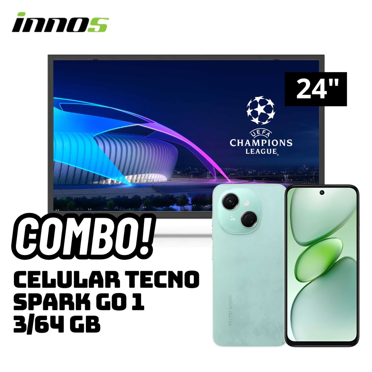 GENERICO - TELEVISOR INNOS 24 SMART TV ANDROID TV HD LED - S2401KU + CELULAR TECNO SPARK GO 1 3/64 GB VERDE