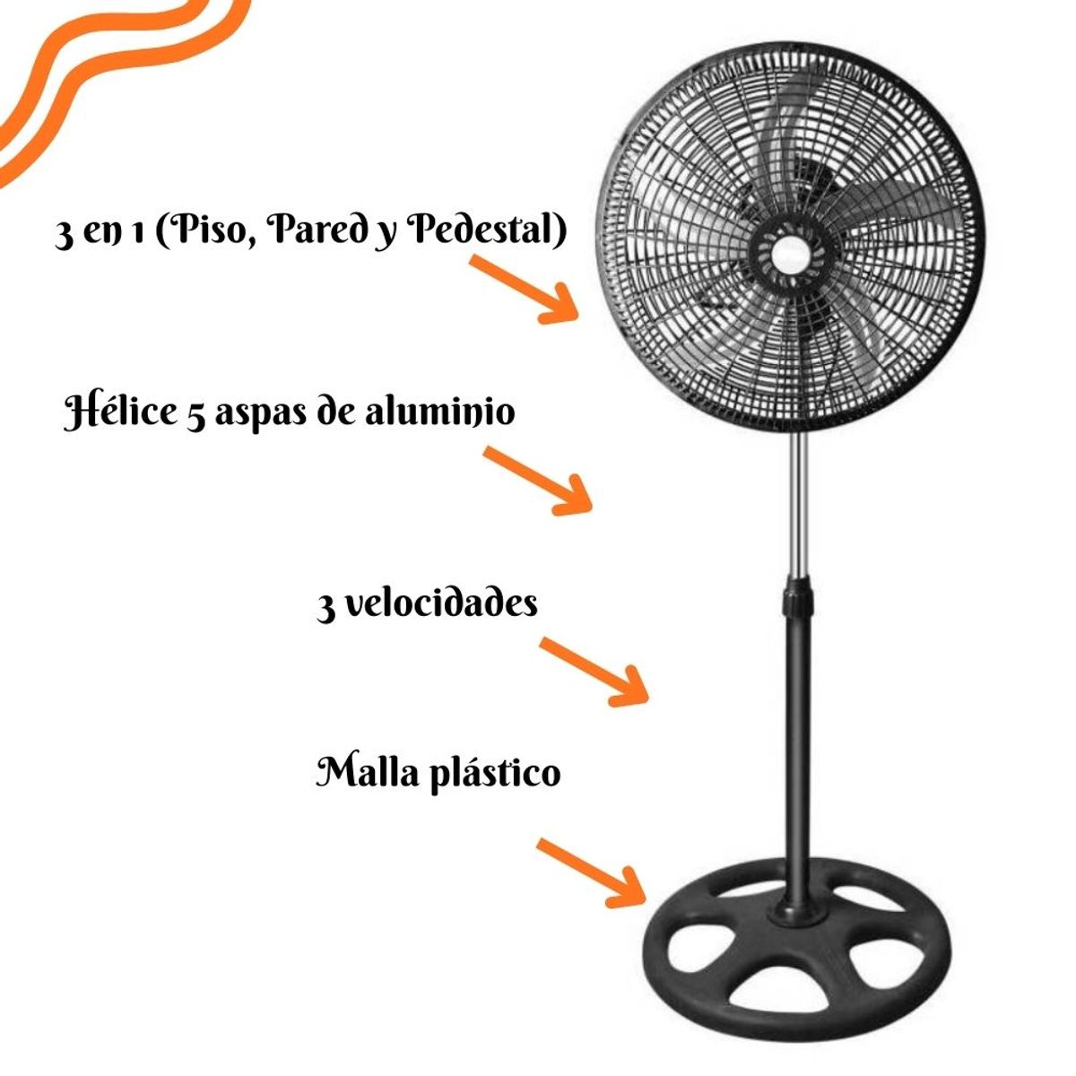 GENERICO - Ventilador Orbital de 5 aspas Malla Plastica - 3 en 1 de18"