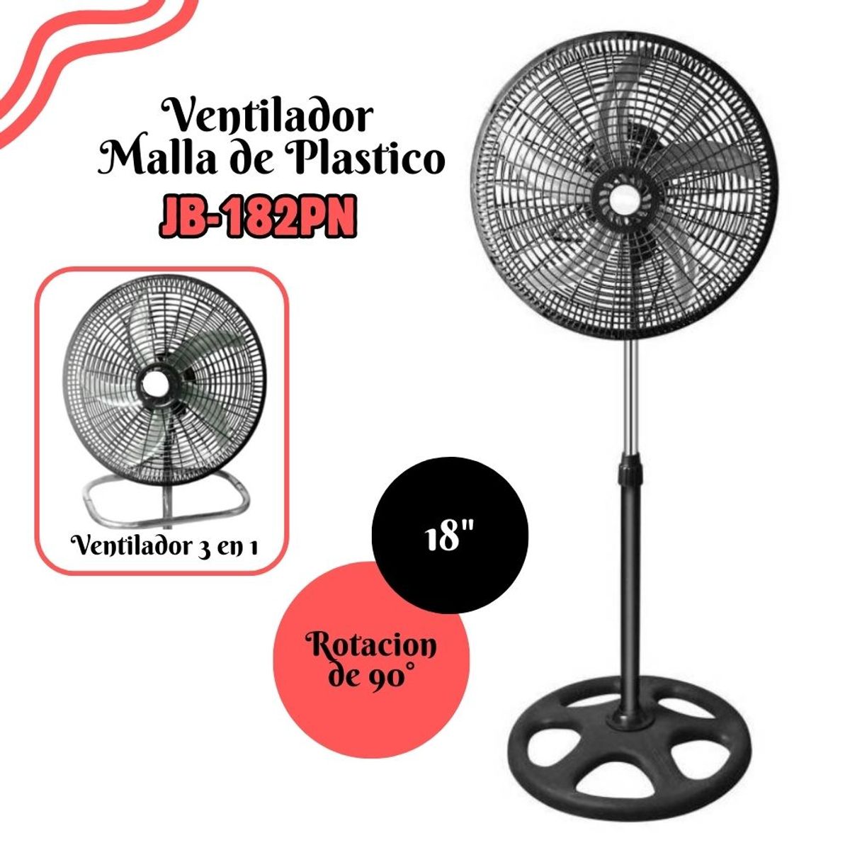 GENERICO - Ventilador de 5 aspas Malla Plastica - 3 en 1 de18"