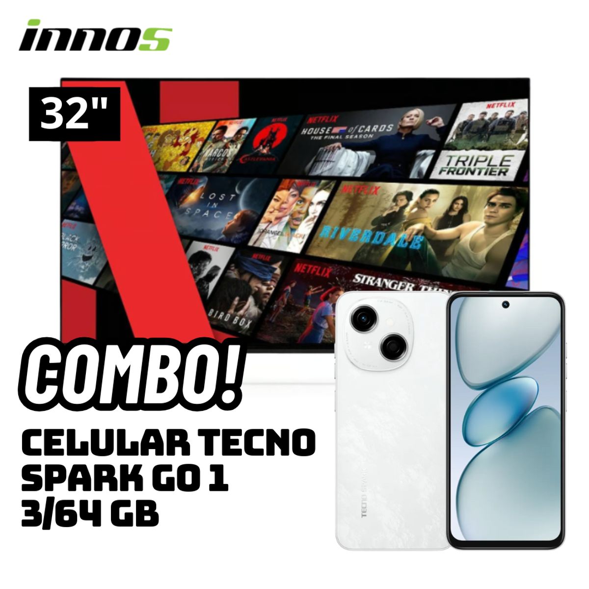 GENERICO - TELEVISOR INNOS 32 SMART TV ANDROID TV HD LED - S3201KU + CELULAR TECNO SPARK GO 1 3/64 GB BLANCO