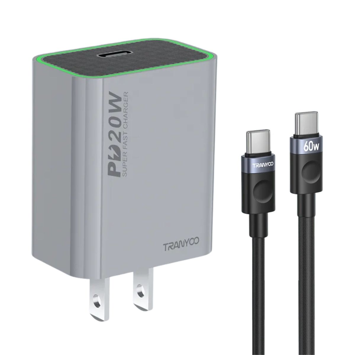 TRANYOO - Cargador Rápido 20W USB-C con Cable Trenzado 60W para iPhone y Android
