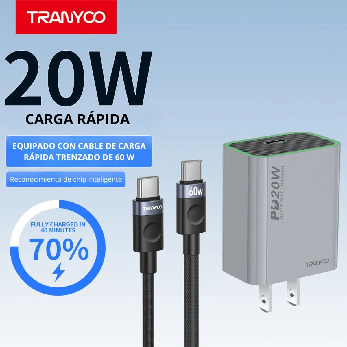 TRANYOO - Cargador Rápido 20W USB-C con Cable Trenzado 60W para iPhone y Android