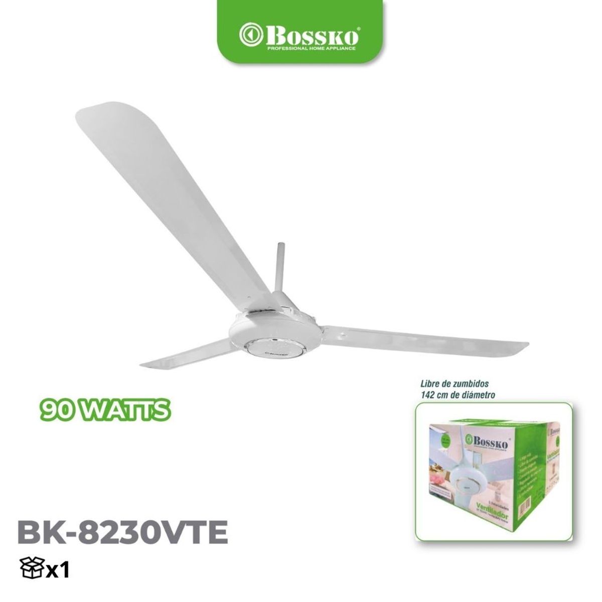 BOSSKO - Ventilador de techo Bossko BK-8230VTE – 90 Watts – Blanco