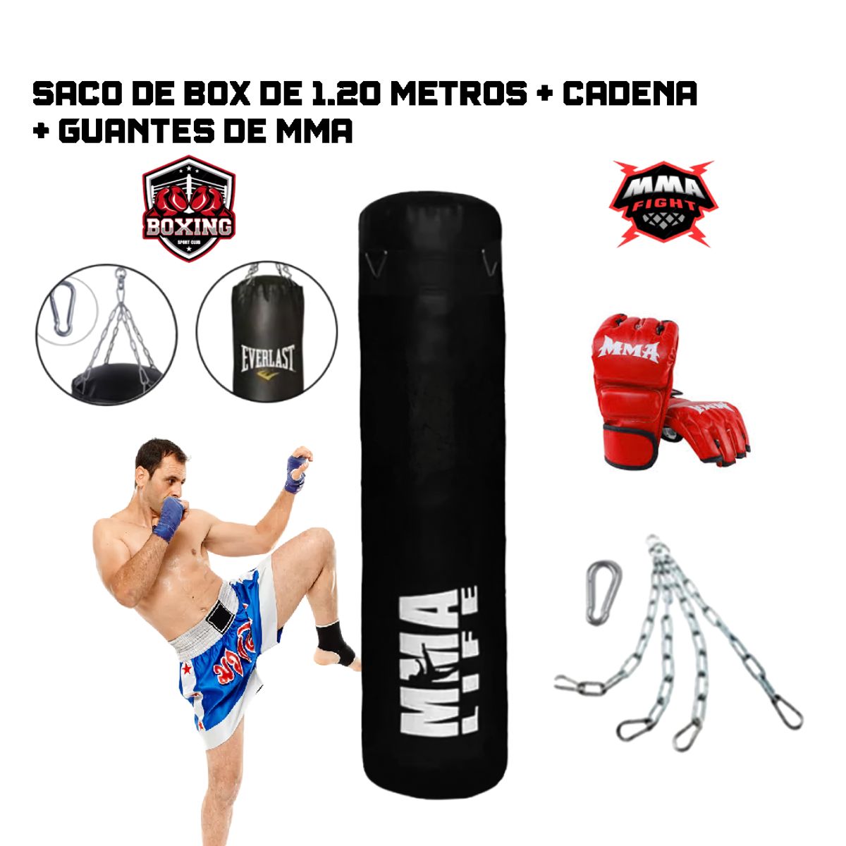 HOLGU - Saco de Box de 1.20 Metros + Guantes de MUAI THAI + Cadena