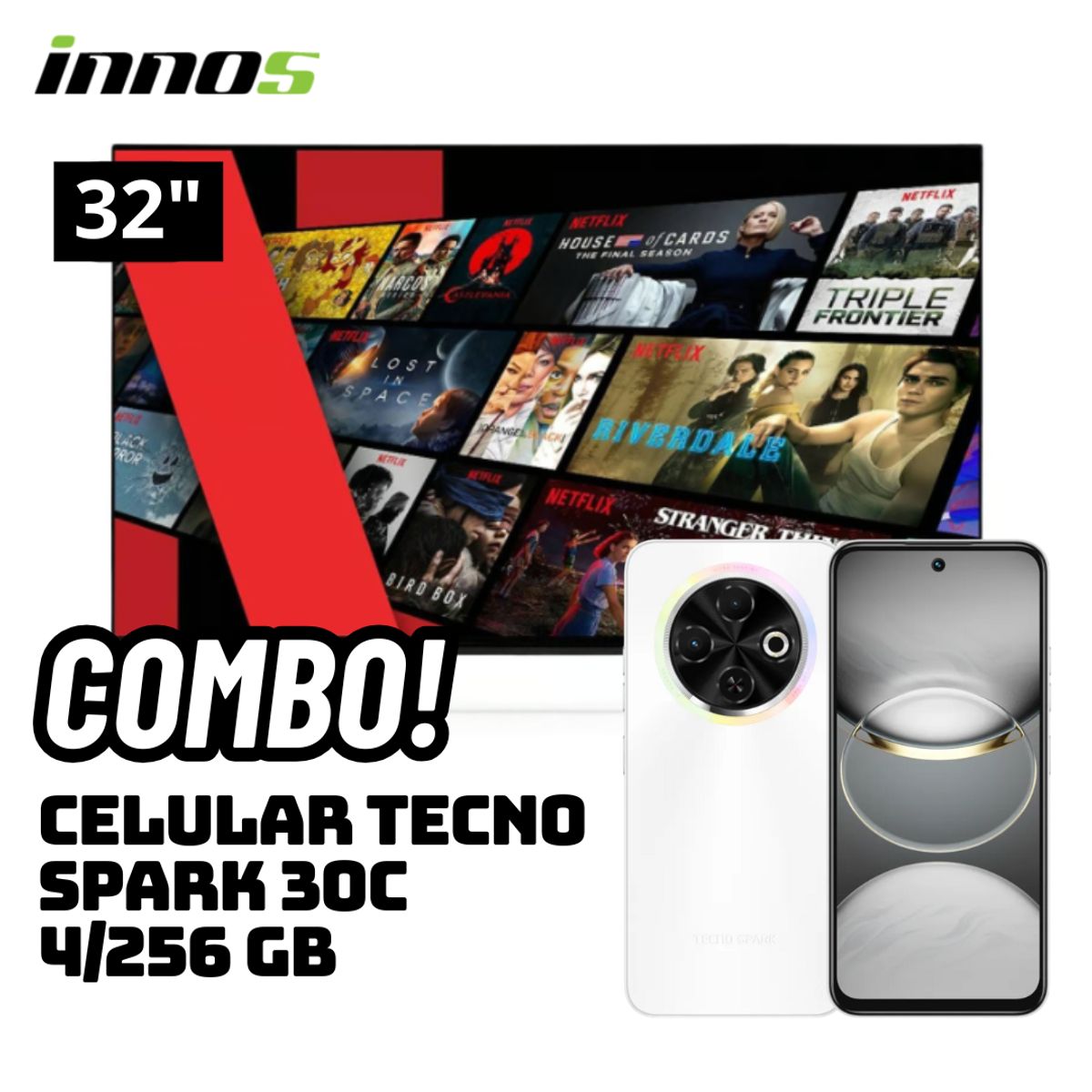 GENERICO - TELEVISOR INNOS 32 SMART TV ANDROID TV HD LED - S3201KU + CELULAR TECNO SPARK 30C 4/256 GB BLANCO