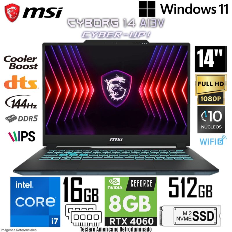 MSI - Laptop MSI CYBORG 14 A1VF Intel Core i7-13620H 16GB RAM 512GB SSD RTX 4060-8GB 14"  FHD 144Hz