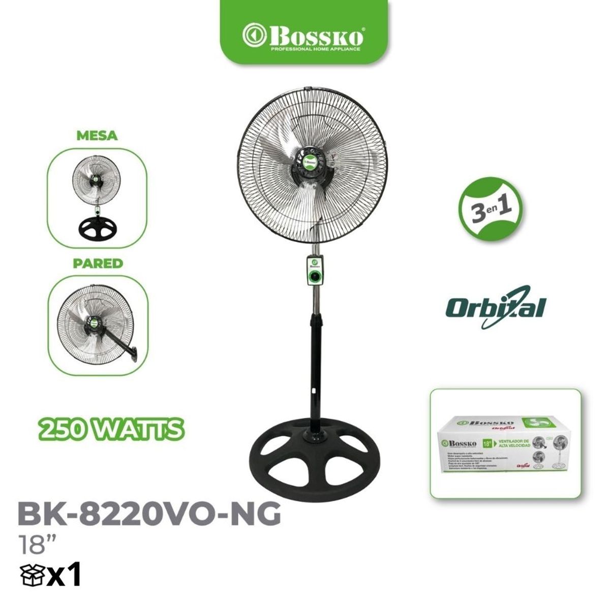 BOSSKO - Ventilador Orbital 3 en 1 de 18" BK-8220VO/NG Negro
