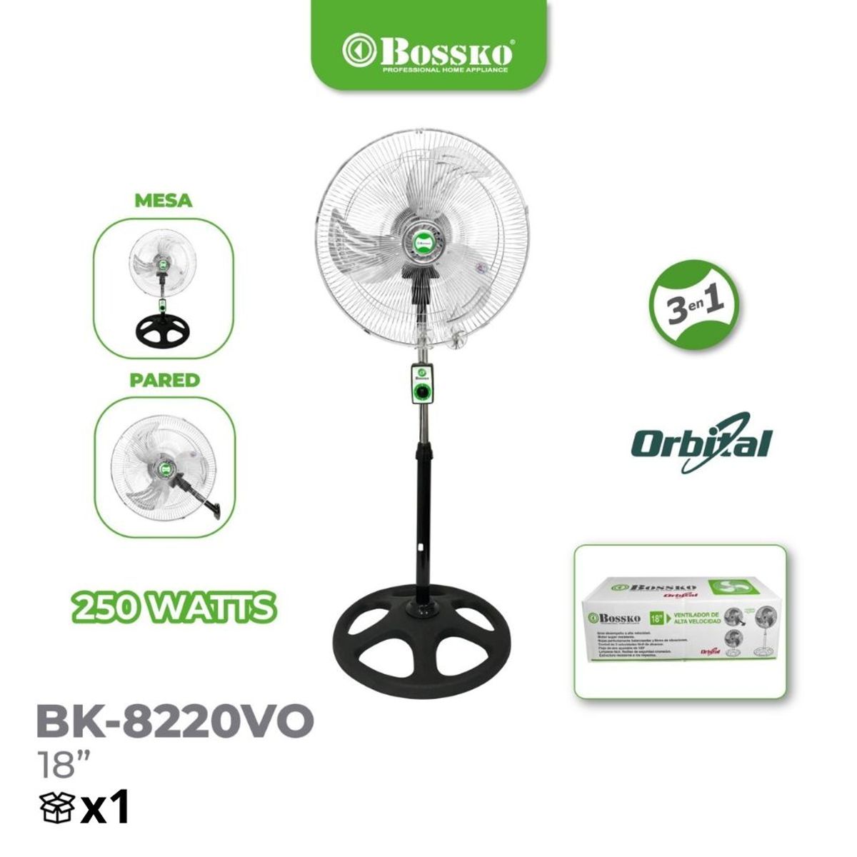 BOSSKO - Ventilador Orbital 3 en 1 de 18" BK-8220VO Plateado