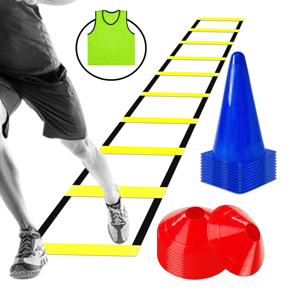 GENERICO - KIT ENTRENAMIENTO ESCALERA 10 PASOS + 10 CONOS + 10 TORTUGA + CHALECO