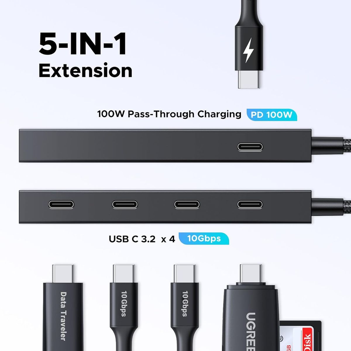 UGREEN - Hub USB-C 3.2, 5 en 1 con Puertos USB-C PD 100W UGREEN CM806 - 55334