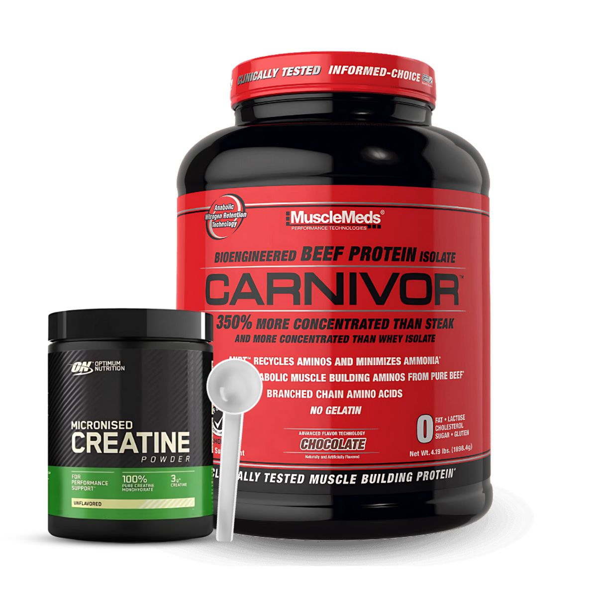 MUSCLEMEDS - Carnivor 4.19 Lb Beef Protein Chocolate + Creatina Optimum Nutrition 300 G + Scoop