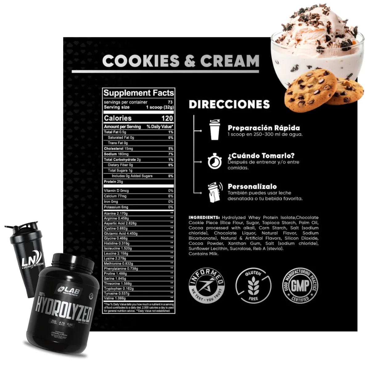 LAB NUTRITION USA - Hidrolizada Lab Nutrition 100% HYDROLYZED 5 LB - Cookie and Cream