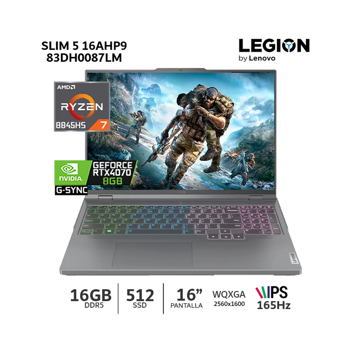 LENOVO - Laptop Lenovo Legion Slim 5 16AHP9 Ryzen 7 8845HS RTX 4070 16¨ 165Hz WQXGA 16GB 512GB/ 83DH0087LM