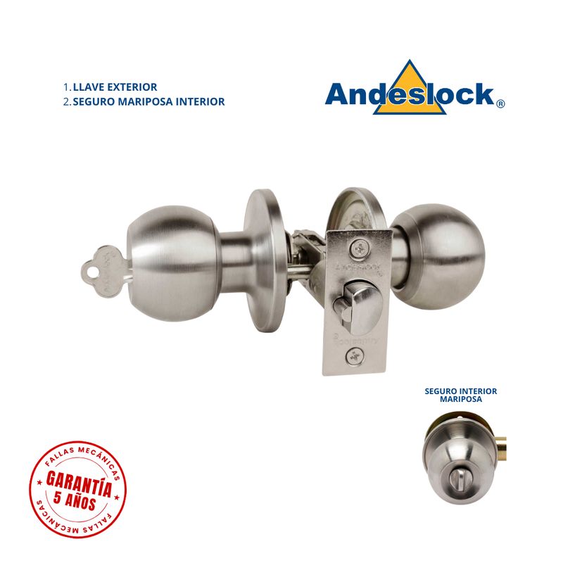 ANDESLOCK - Cerradura de pomo acero inox ingreso son llave  seguro mariposa
