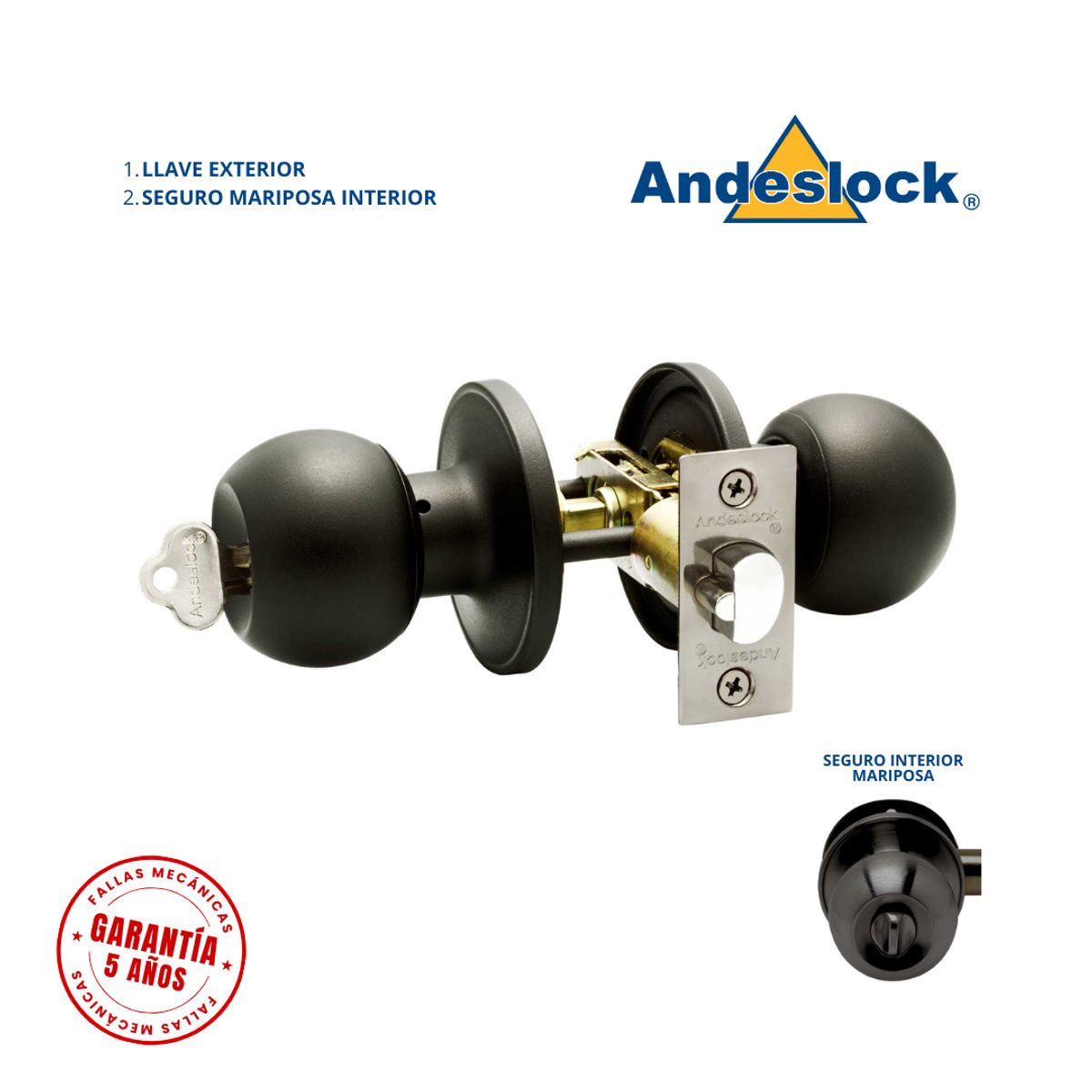 ANDESLOCK - Cerradura de pomo acero negro son llave y seguro mariposa