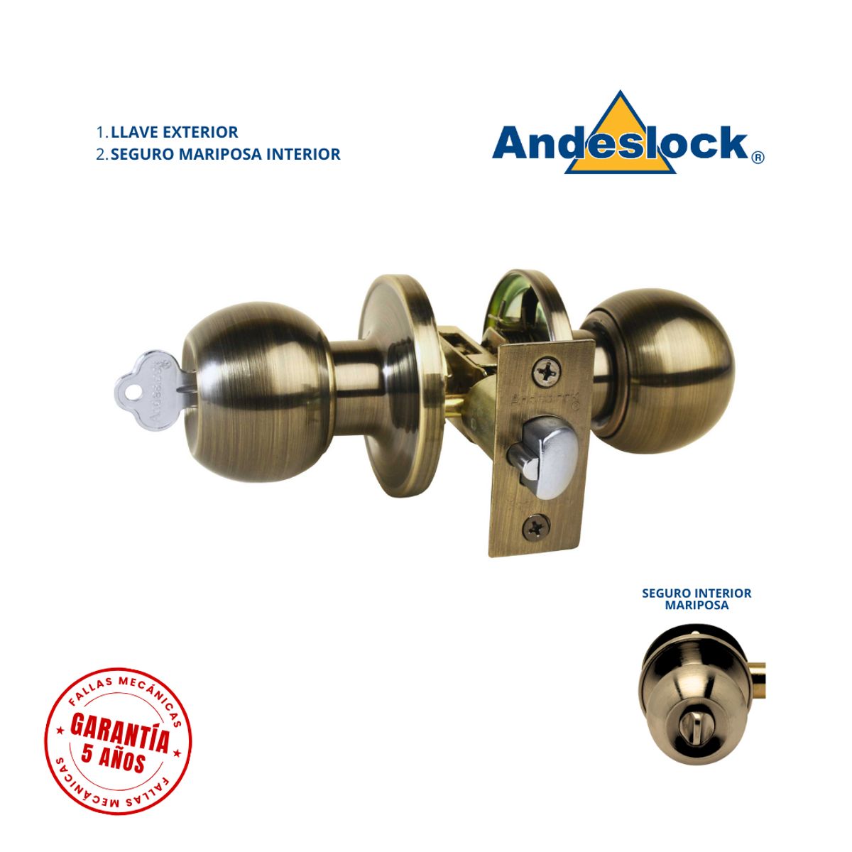 ANDESLOCK - Cerradura de pomo Bronce Envejecido con llave y seguro mariposa