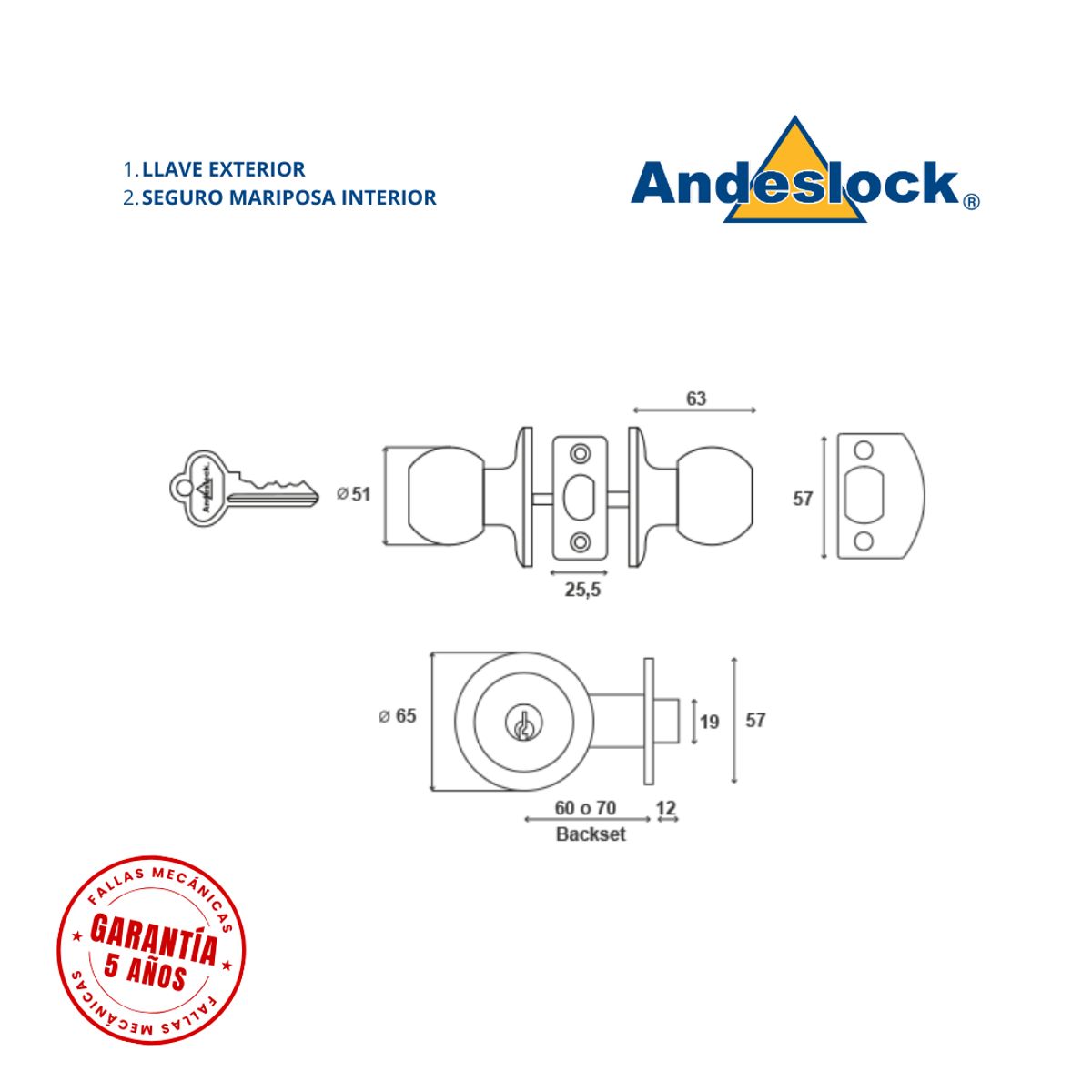 ANDESLOCK - Cerradura de pomo Bronce Envejecido con llave y seguro mariposa