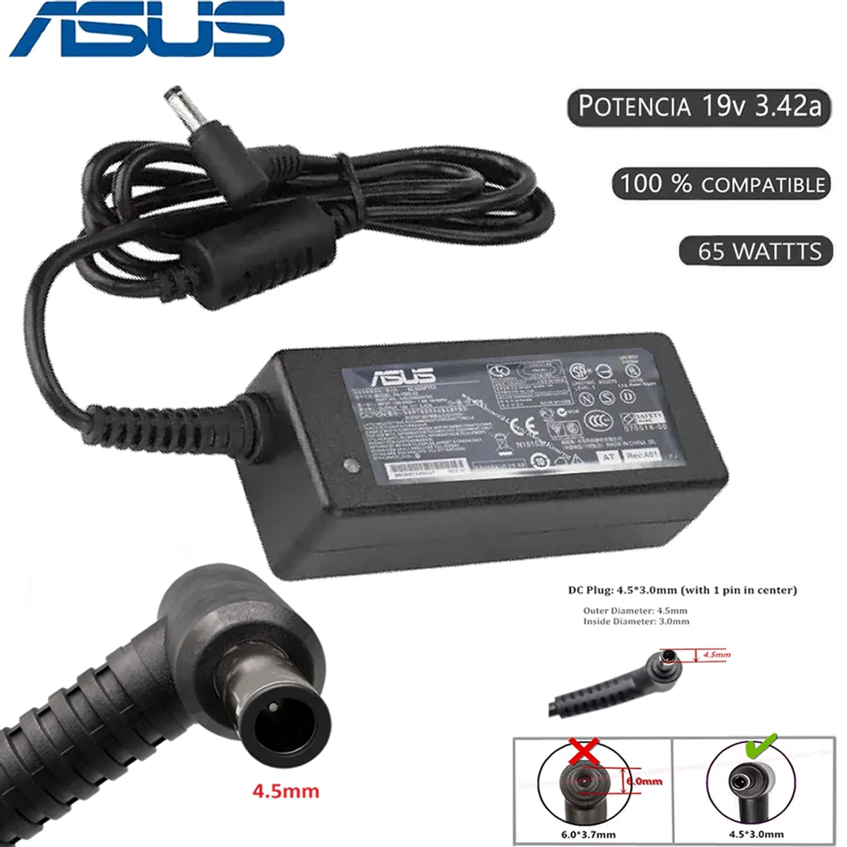 GENERICO - CARGADOR PARA ASUS 19V 342A 65W 45x30 PUNTA DELGADA