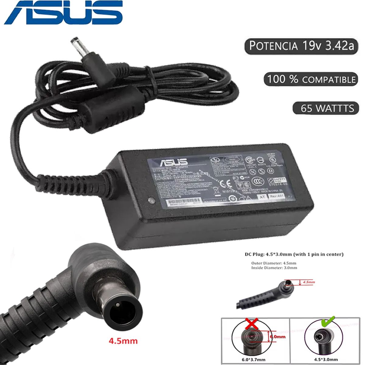 GENERICO - CARGADOR PARA ASUS 19V 342A 65W 45x30 PUNTA DELGADA