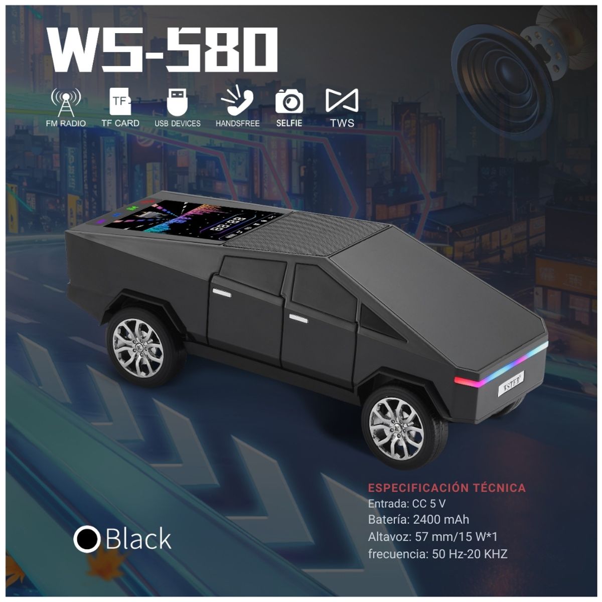 GENERICO - Parlante Bluetooth Camioneta Futurista 15W con Pantalla LED y Radio FM