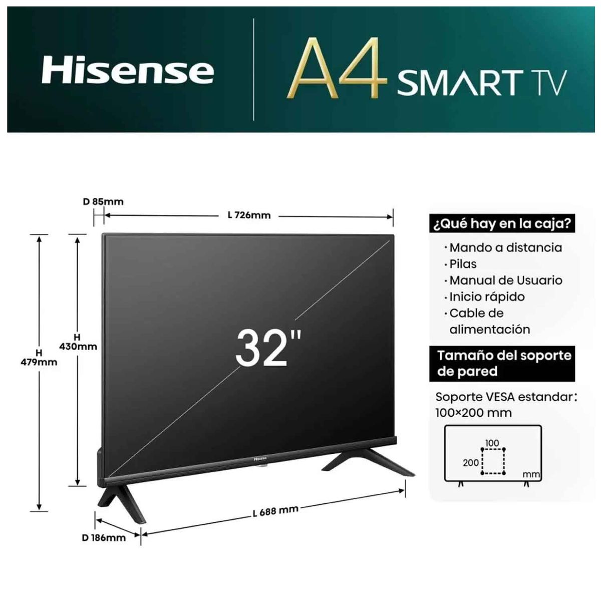 HISENSE - Televisor Hisense 32” Smart TV LED HD 32A4NV