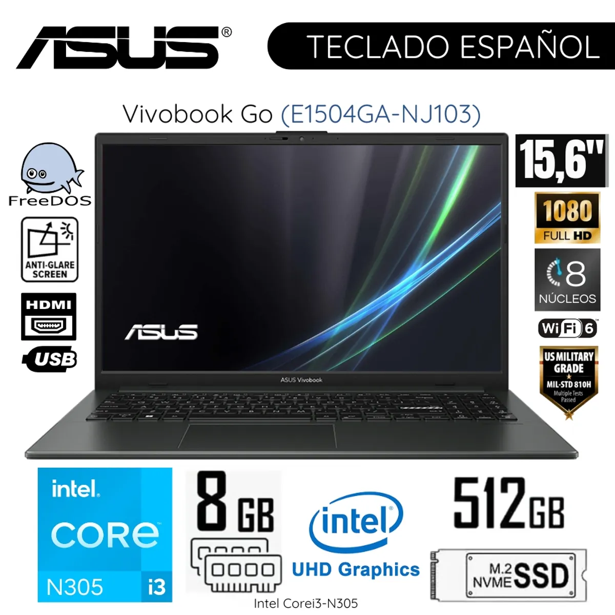 ASUS - Laptop ASUS Vivobook Go E1504GA-NJ103 Intel Core i3-N305 8GB RAM 512GB SDD 15.6"  FHD - Mixed Black