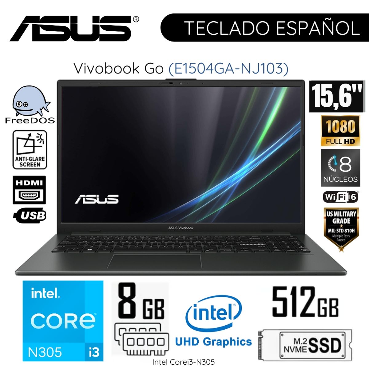 ASUS - Laptop ASUS Vivobook Go E1504GA-NJ103 Intel Core i3-N305 8GB RAM 512GB SDD 15.6"  FHD - Mixed Black