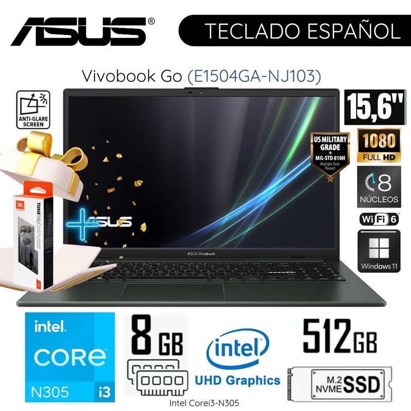 ASUS - Laptop ASUS Vivobook Go E1504GA-NJ103 Intel Core i3-N305 8GB RAM 512GB SDD 15.6"  FHD +  Regalo
