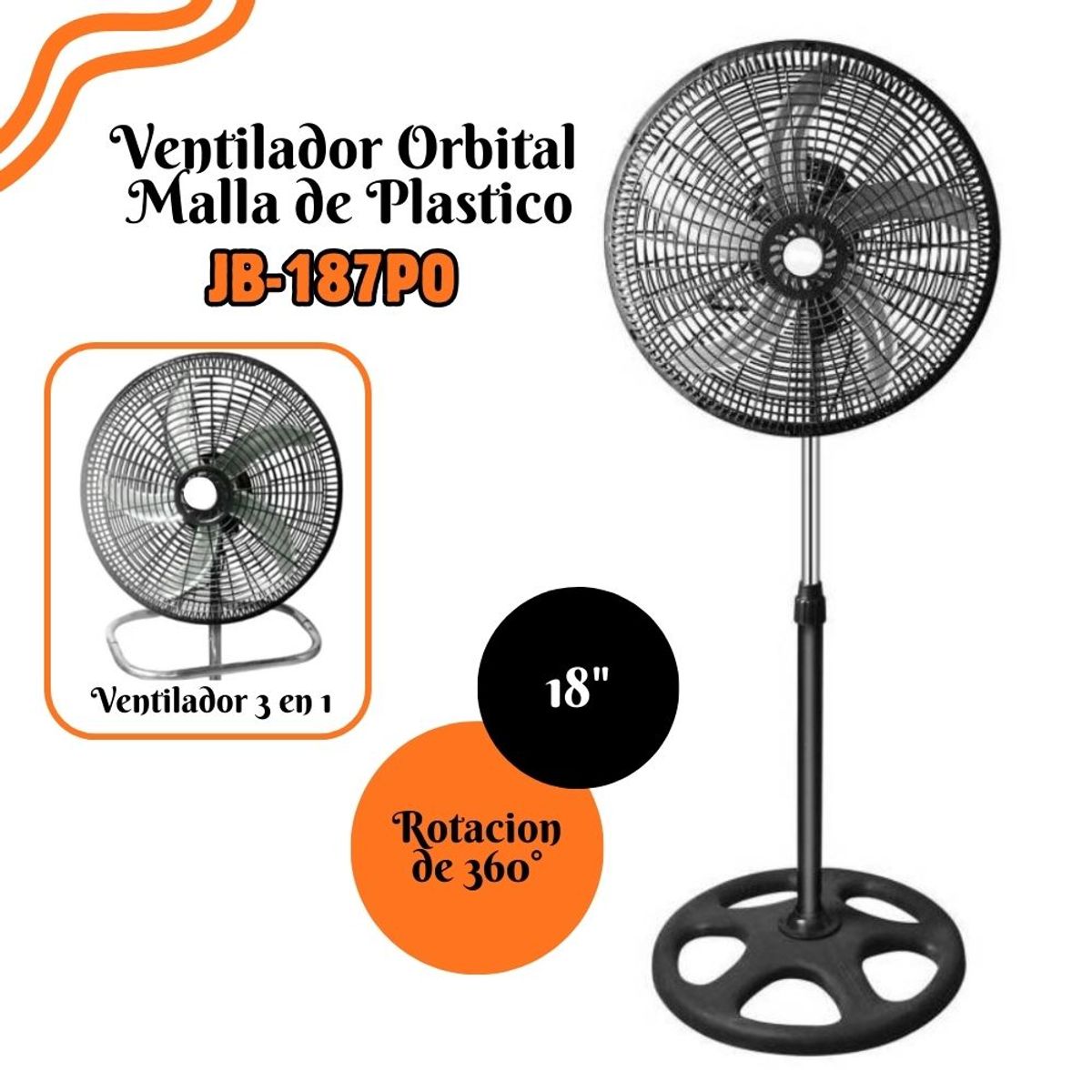 GENERICO - Ventilador Orbital de 5 Aspas Metalicas Malla Plastica 3 en 1 de18"
