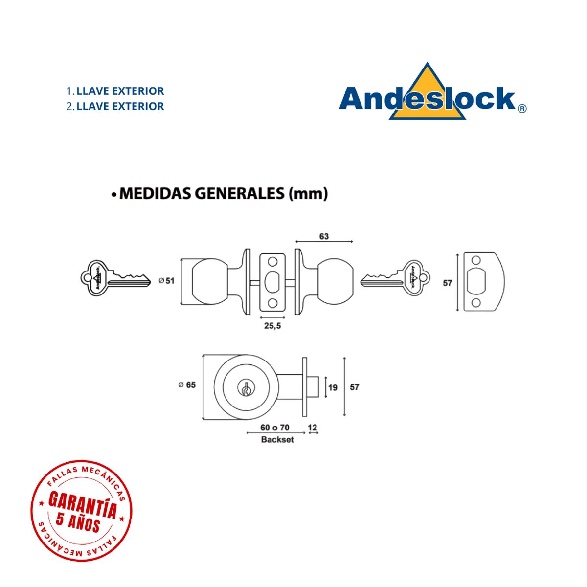 ANDESLOCK - Cerradura de pomo acero inox ingreso son llave - llave