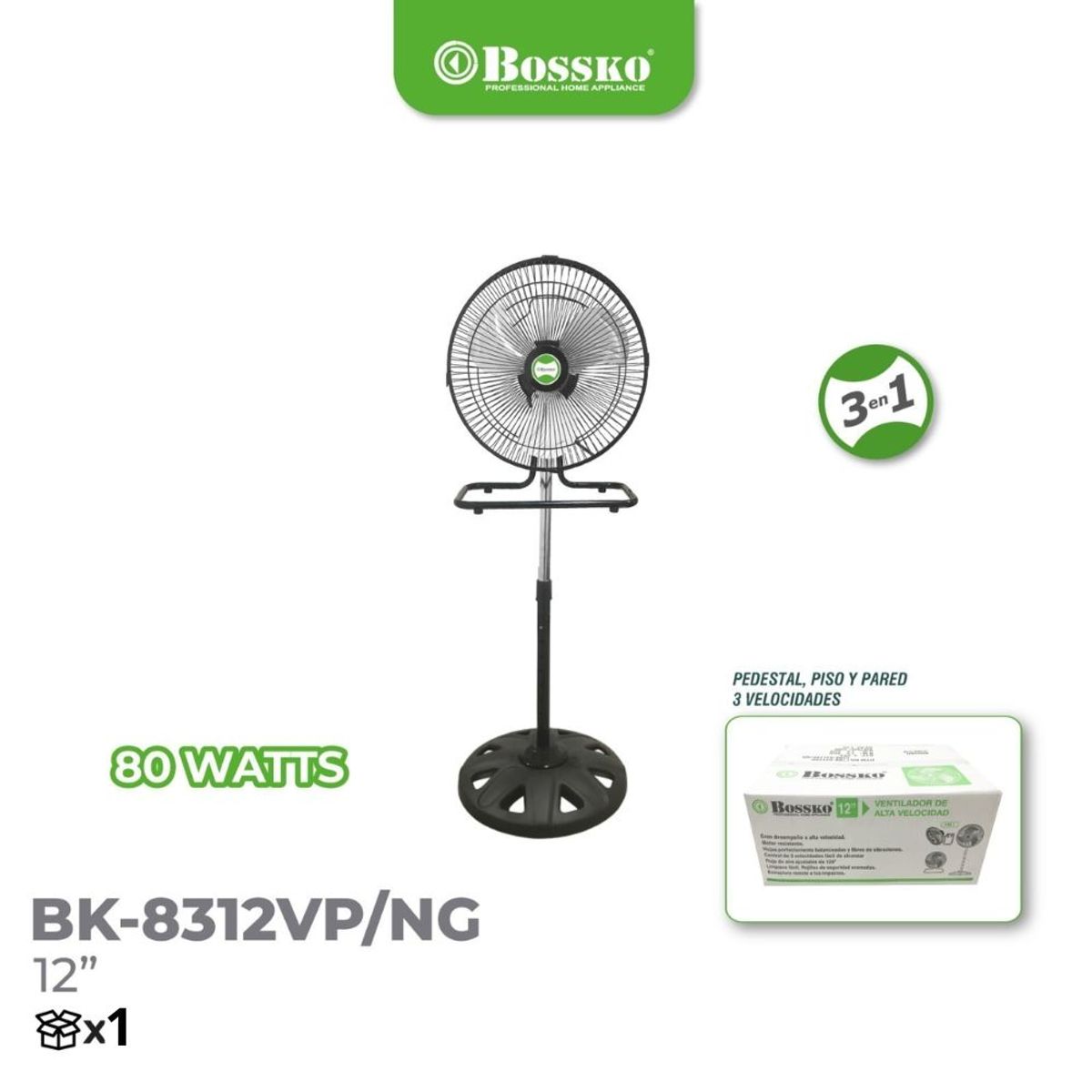 BOSSKO - Ventilador Bossko de 12” 3 En 1 - BK-8312VP/NG – Black