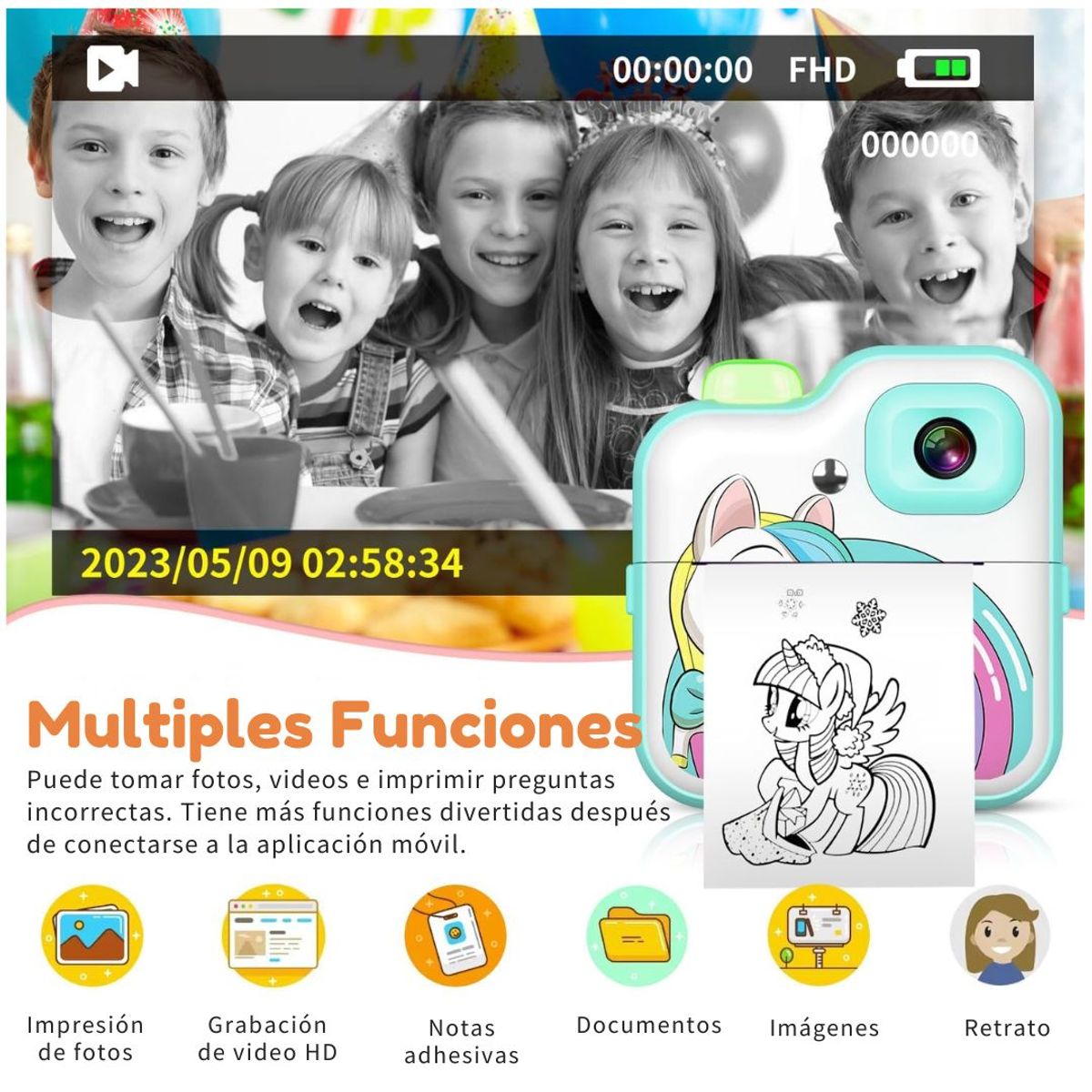 GENERICO - Cámara Digital para Niños Unicornio con Impresora Instantánea Video HD Juegos y Filtros Creativos