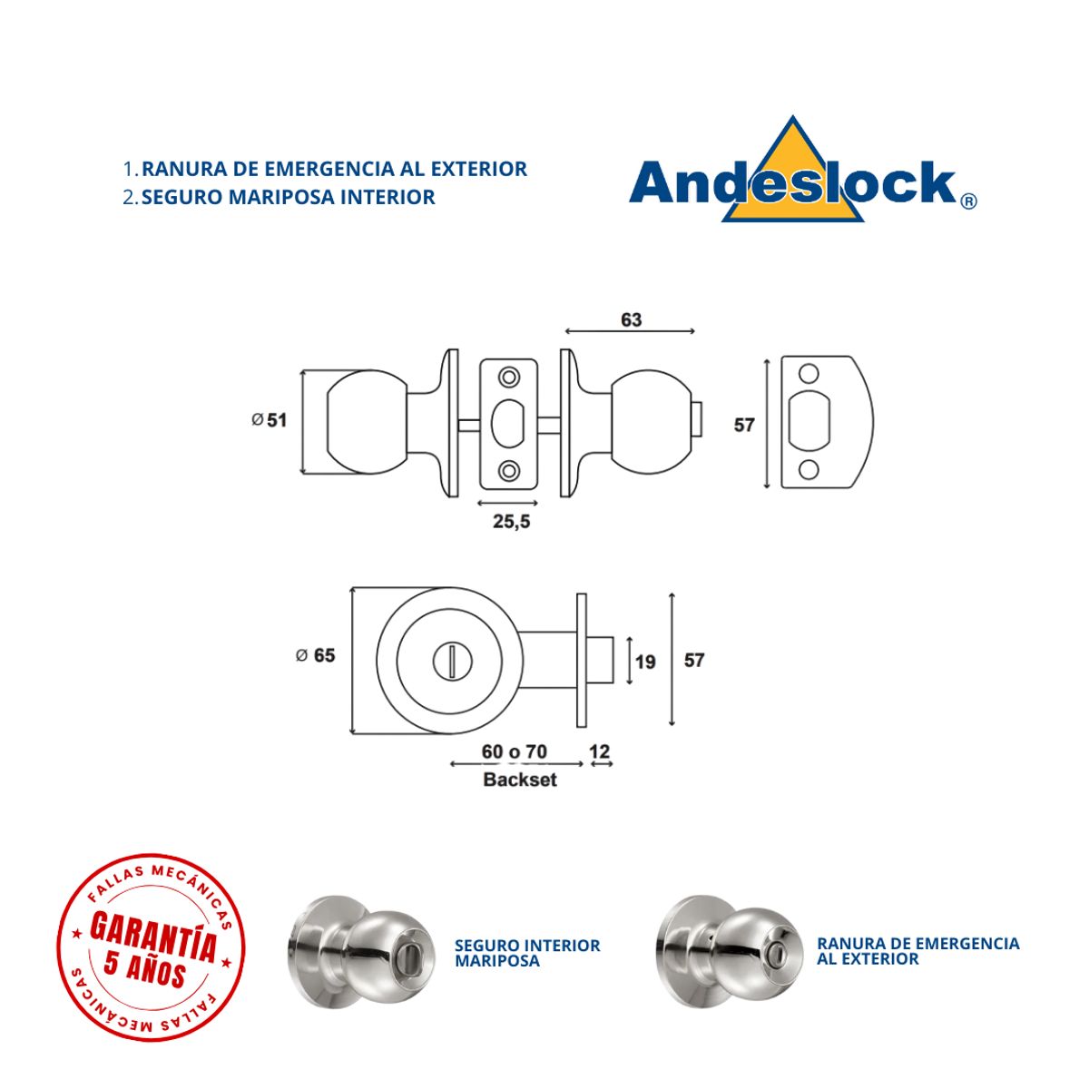 ANDESLOCK - Cerradura de pomo Bronce Envejecido Seguro interior-Ranura de emergencia exterior