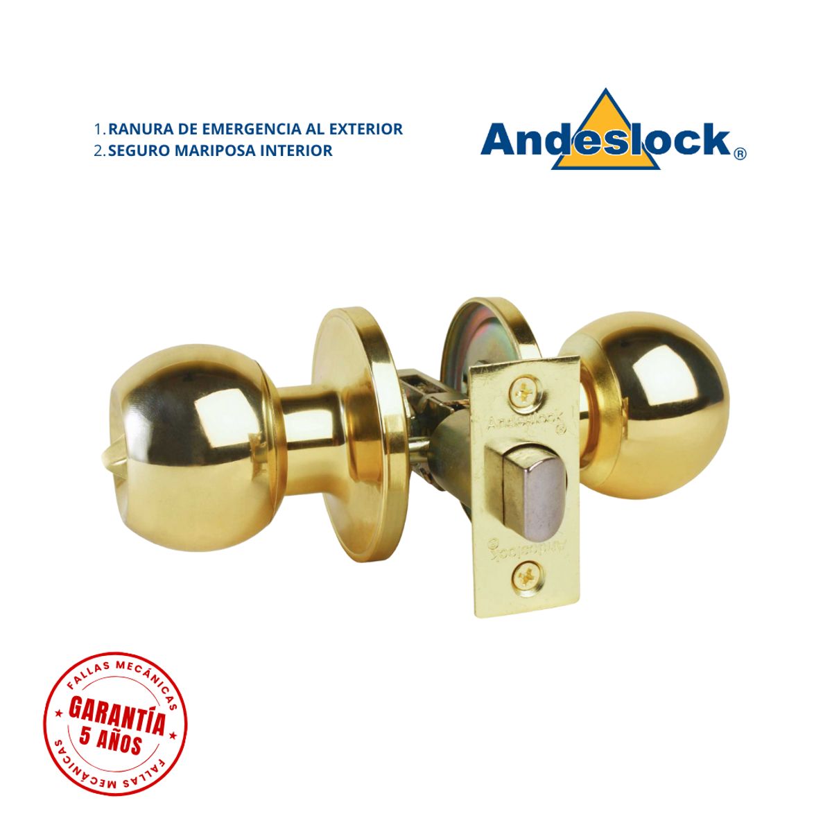 ANDESLOCK - Cerradura de pomo Bronce Pulido Seguro interior-Ranura de emergencia exterior