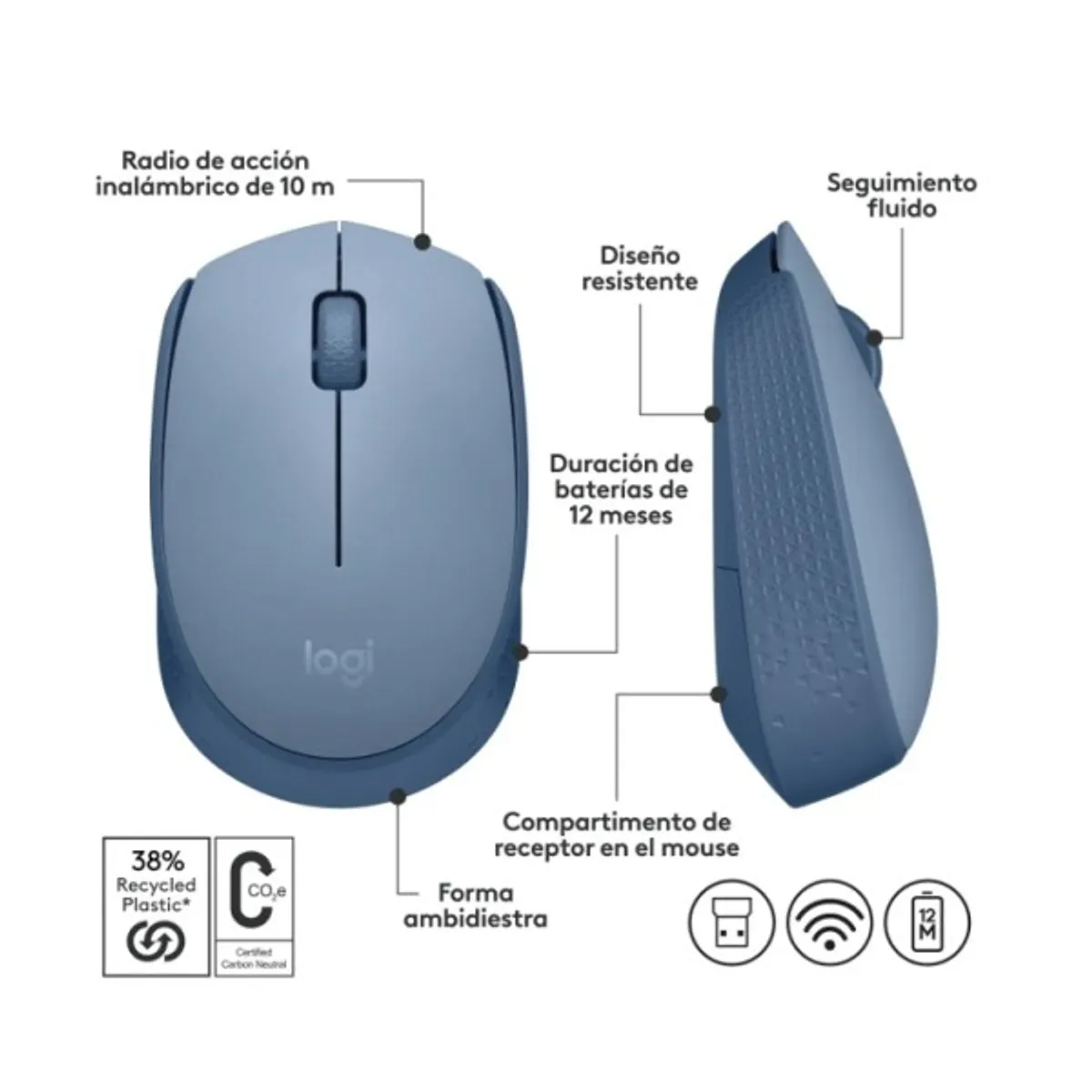 LOGITECH - Mouse Inalámbrico Logitech M170 Celeste Plug & Play Portátil USB