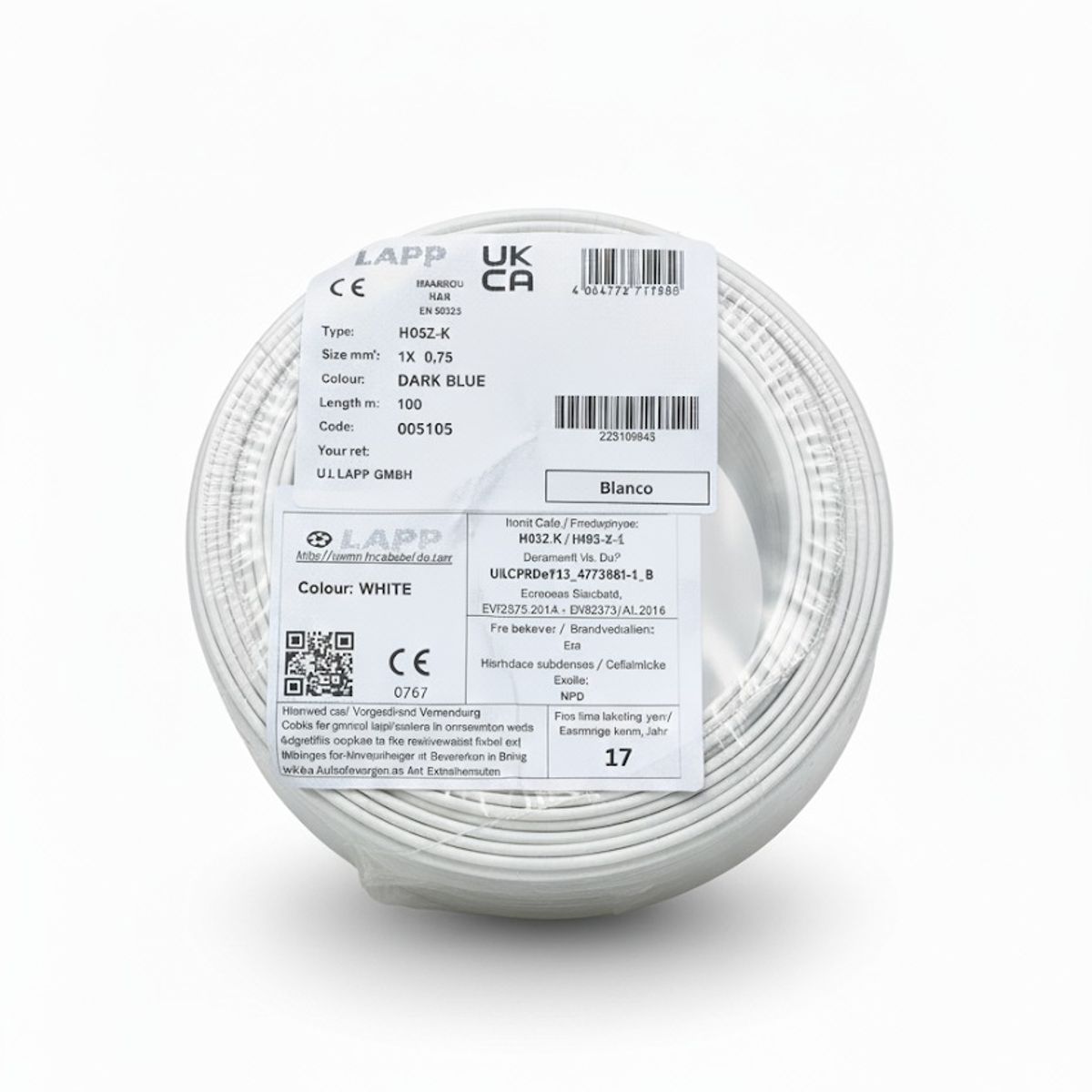 LAPP - Cable H05Z-K 90°C 300/500V 1x 0,75 mm2 libre de halógeno Blanco (rollox100 mts)