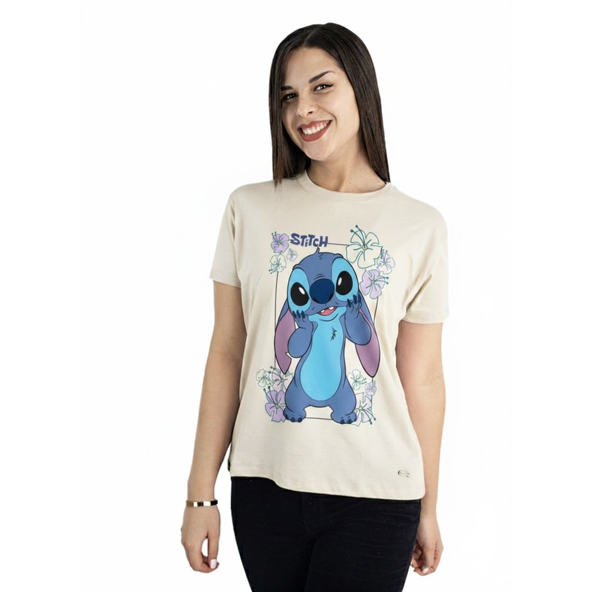 DISNEY CLASICOS - Polo Mujer Stitch Manga Corta Algodón Marfil