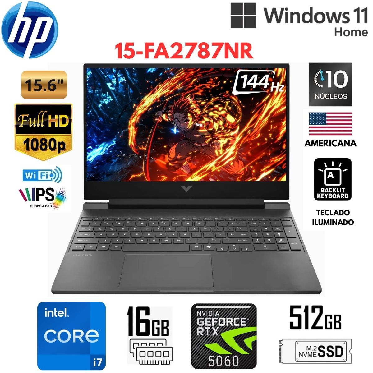 HP - Laptop HP Victus 16GB 512GB SSD 15.6 FHD Intel Core I7-13620H RTX 5060-8GB W11 home 15-FA2787NR