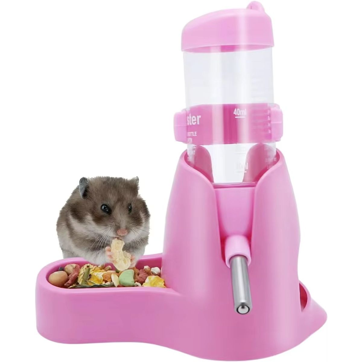 GENERICO - DISPENSADOR 2 EN 1 BEBEDERO Y COMEDERO PARA HAMSTER ROSADO