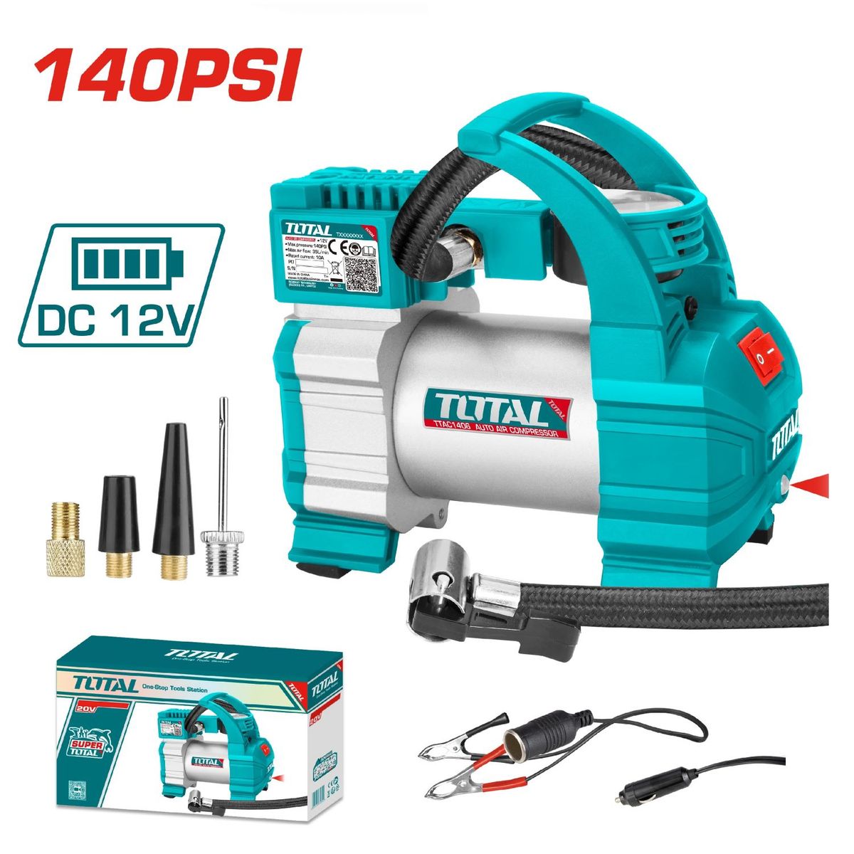 TOTAL TOOLS - Minicompresor De Aire Automática 140 PSI 12V 10A - TTAC1406
