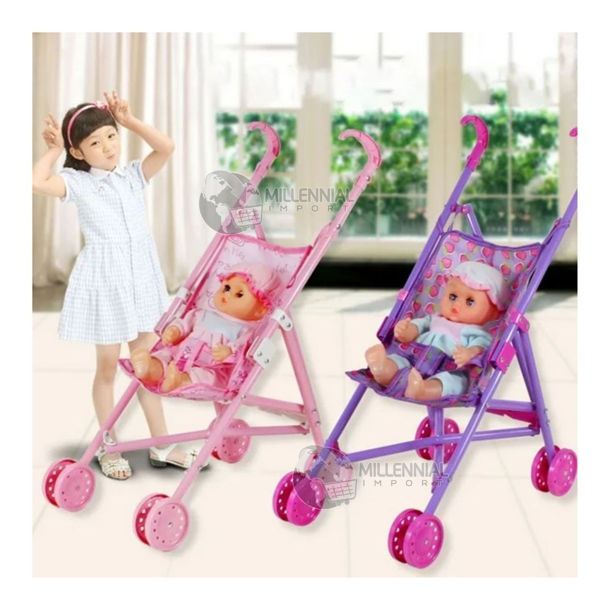 GENERICO - Muñeca Bebé Ojos Parpadeantes + Coche + Set Comida