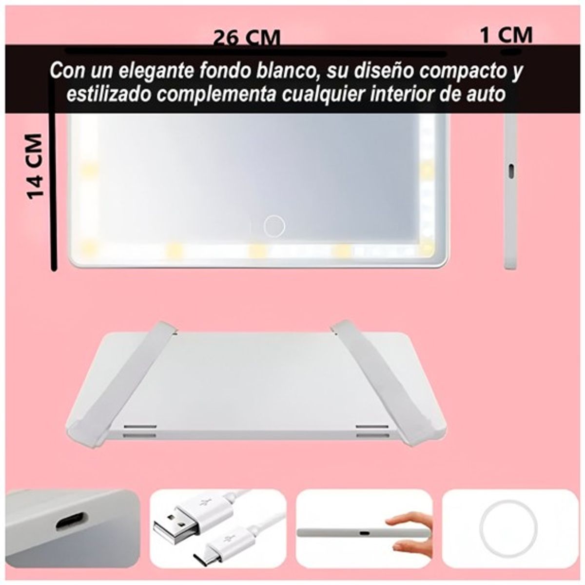 GENERICO - ESPEJO LED PARA AUTO EN VISERA RECARGABLE TACTIL BLANCO