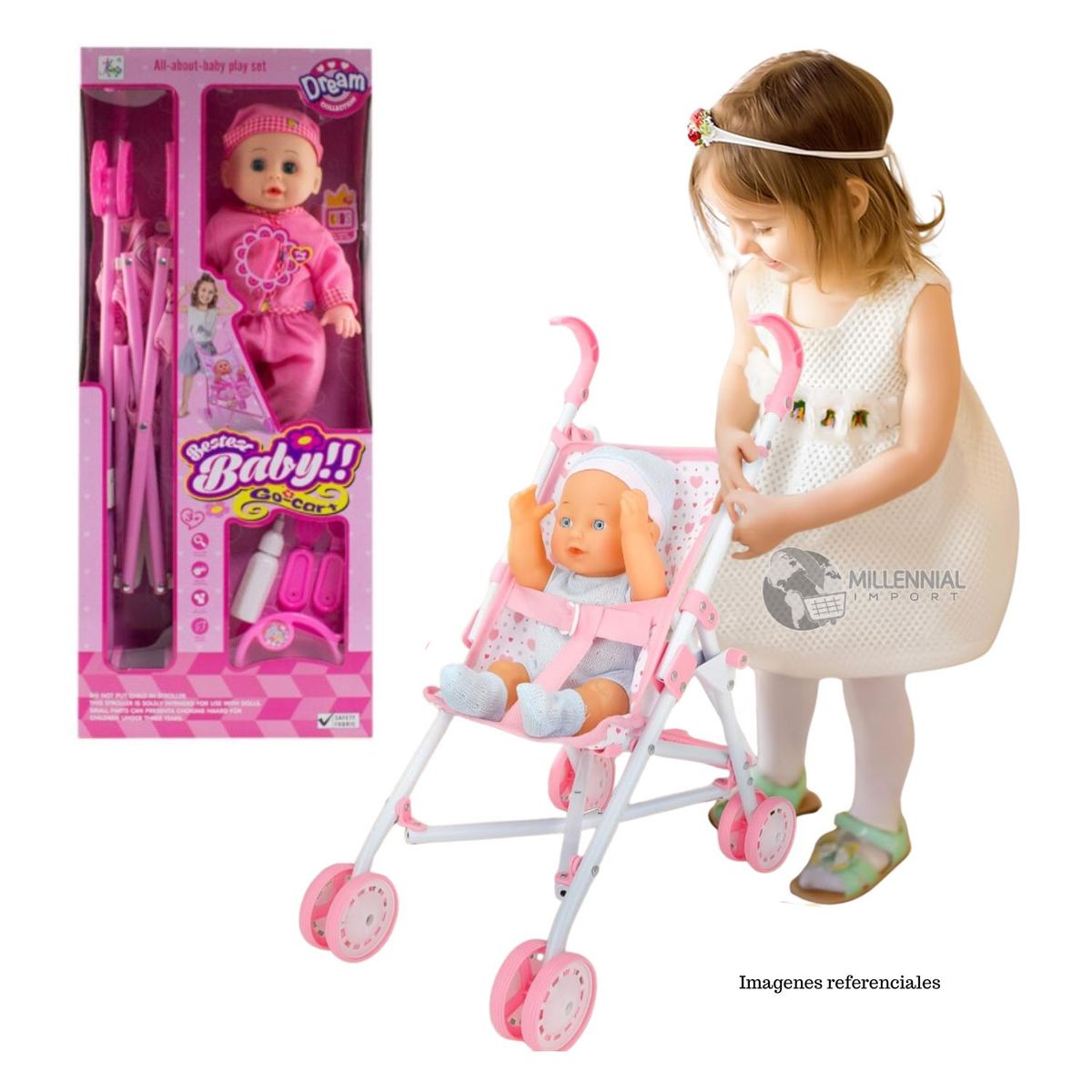 GENERICO - Muñeca Bebé Interactiva + Cochecito Plegable Biberón Plato Cubiertos