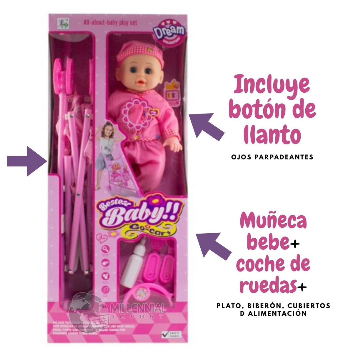 GENERICO - Muñeca Bebé Interactiva + Cochecito Plegable Biberón Plato Cubiertos