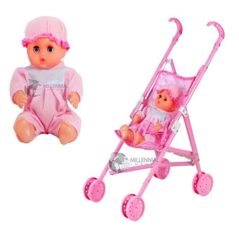 GENERICO - Muñeca Bebé Completa Ojos Parpadeantes Cochecito y Set de Comida
