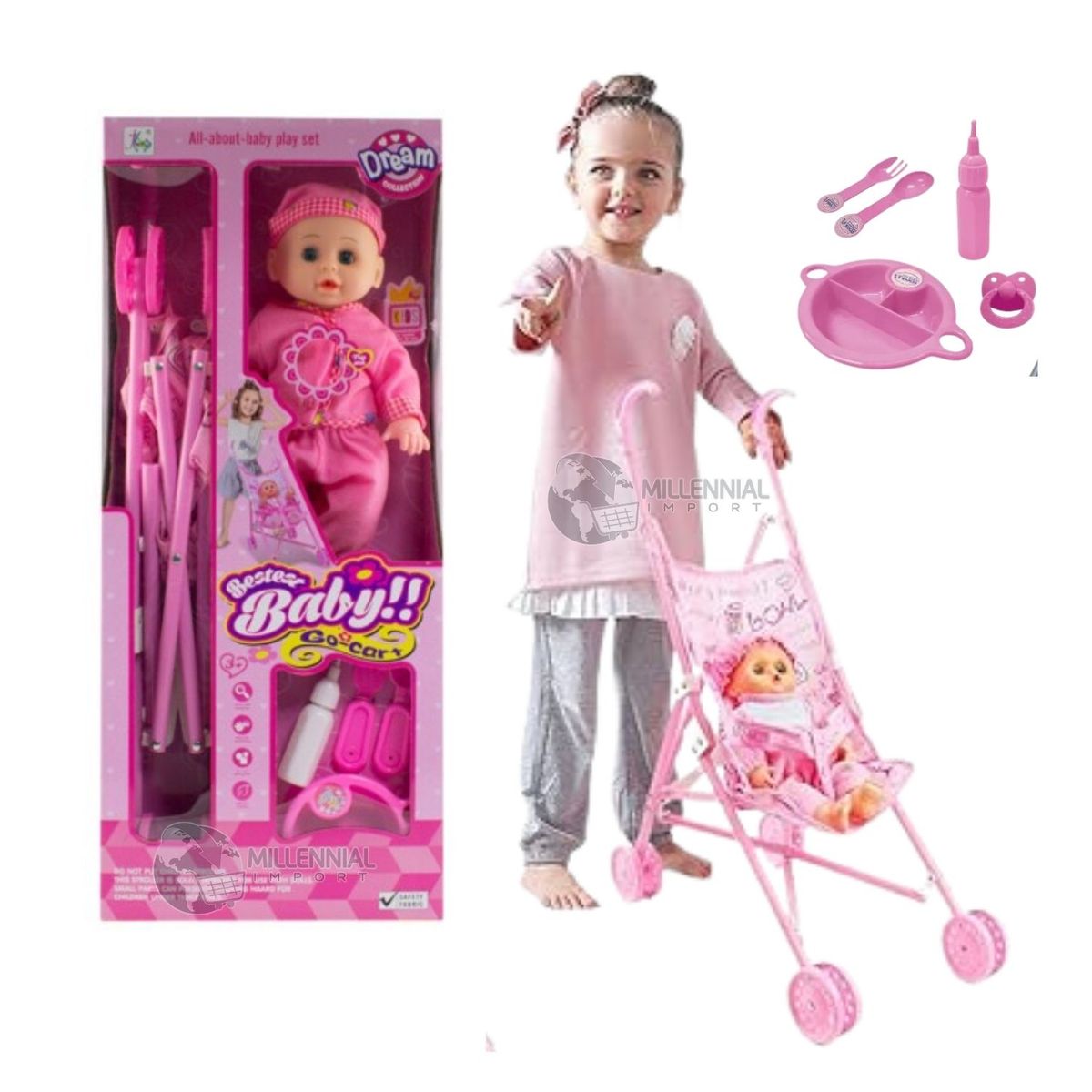 GENERICO - Muñeca de Ojos Parpadeantes con Sonido + Cochecito Plegable + Plato y Cubiertos